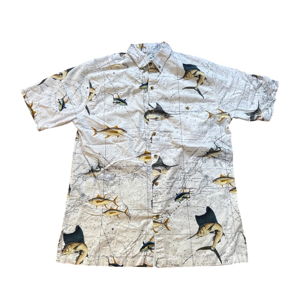 Hook & Tackle Fishing Shirt Mens White‎ Nautical Map Fish Print SIZE Large